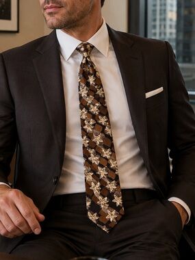 Structure Brown Floral Silk Tie | Vintage Style Pattern Mens